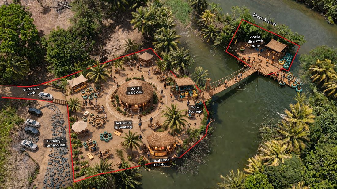 Aerial render of the riverside basecamp