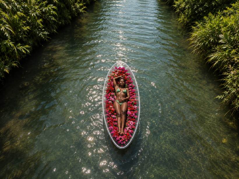 Overhead shot of a guest lying in a clear kayak filled with tropical flowers