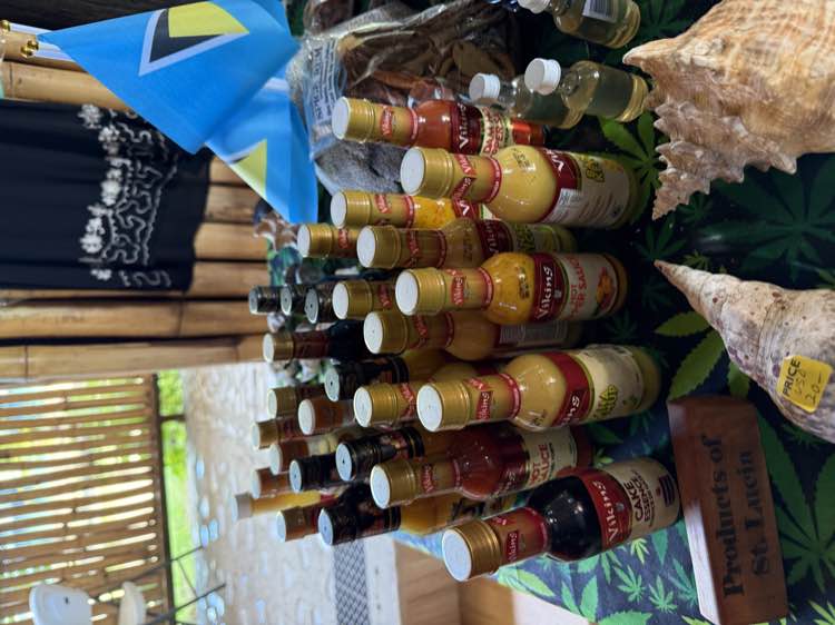 A table of Saint Lucian sauces, spices and local products