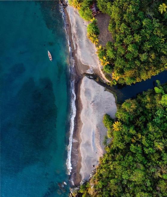 Aerial view of Roseau Beach where the river meets the Caribbean